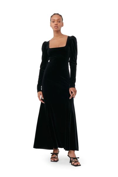 Ganni Women Black Velvet Jersey Maxi Dress Dresses