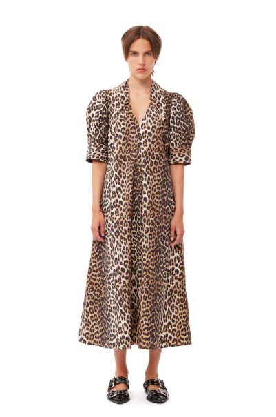 Ganni Leopard Cotton Poplin V-Neck Maxi Dress Dresses Women