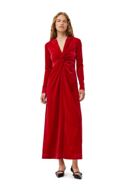 Dresses Women Ganni Red Velvet Jersey Twist Long Dress