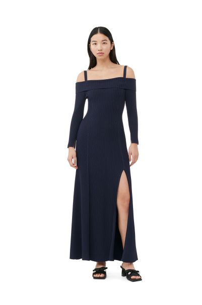 Blue Melange Knit Off Shoulder Maxi Dress Dresses Women Ganni