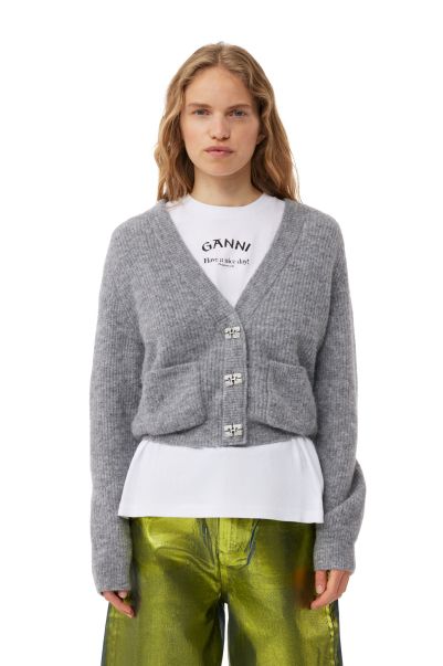 Ganni Women Grey Soft Wool Cardigan Knitwear