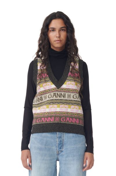 Ganni Green Logo Wool Mix Vest Knitwear Women