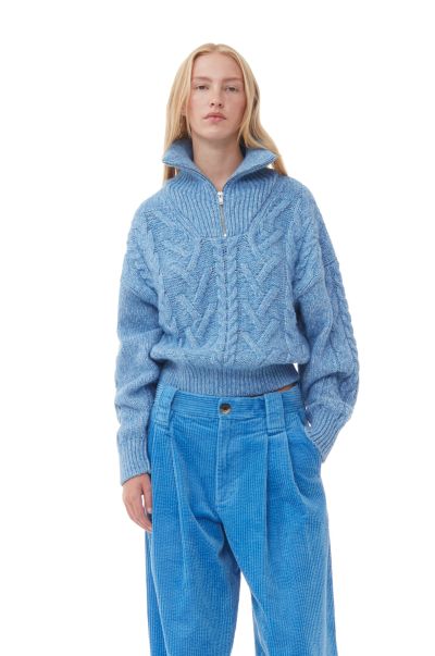 Knitwear Blue Chunky Cable Zipper Blouse Women Ganni