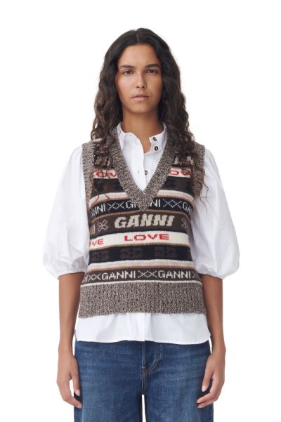 Brown Logo Wool Mix Vest Knitwear Ganni Women