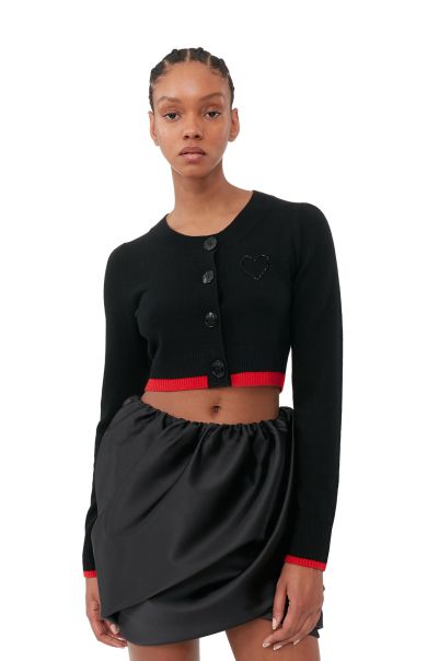 Ganni Knitwear Women Black O-Neck Cropped Cardigan