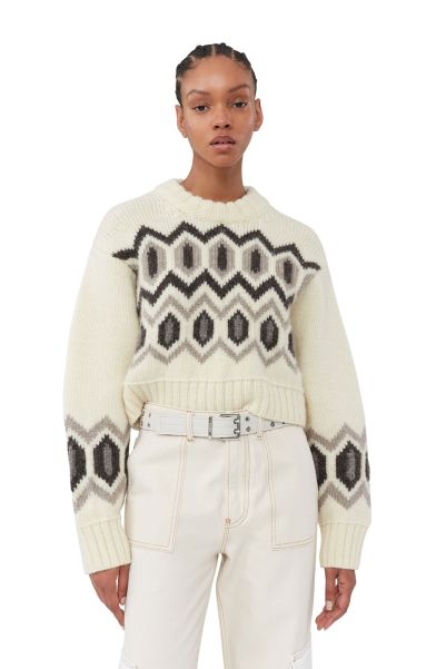 Women Knitwear Ganni White Chunky Wool Cropped O-Neck Sweater