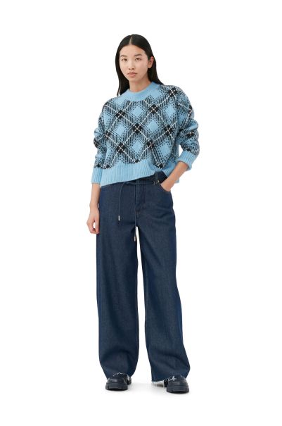 Blue Checkered Oversized Wool Pullover Ganni Women Knitwear