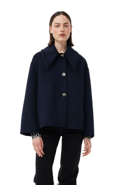 Blue Wool Wide Collar Jacket Women Outerwear Ganni