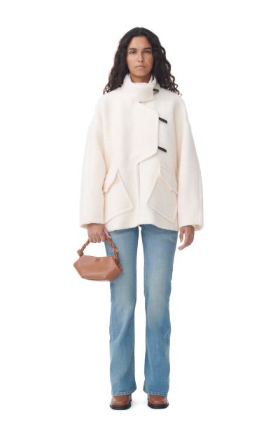 Ganni Women Outerwear White Boucle Wool Shoulder Jacket