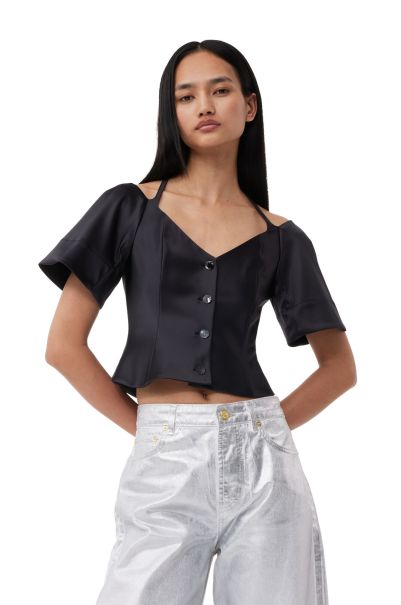 Ganni Black Double Satin Fitted Open-Neck Blouse Women Tops