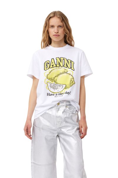 Women Ganni White Relaxed Lemon T-Shirt Tops