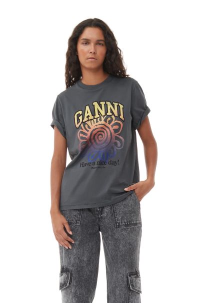 Ganni Grey Relaxed Flower T-Shirt Tops Women