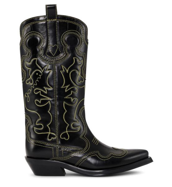 Boots Women Ganni Black/Yellow Mid Shaft Embroidered Western Boots