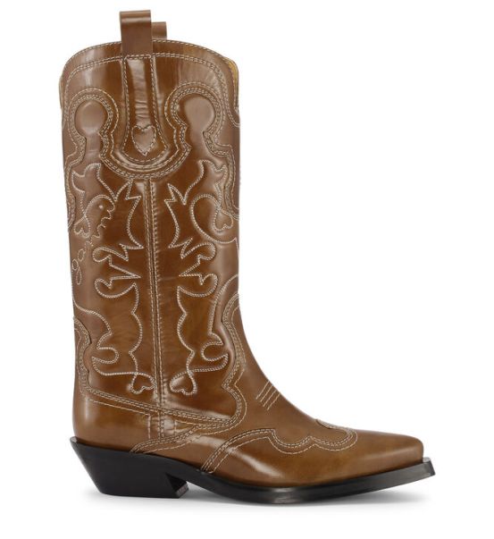 Ganni Brown Mid Shaft Embroidered Western Boots Boots Women