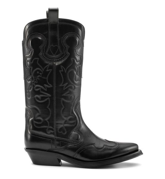 Black Mid Shaft Embroidered Western Boots Ganni Women Boots