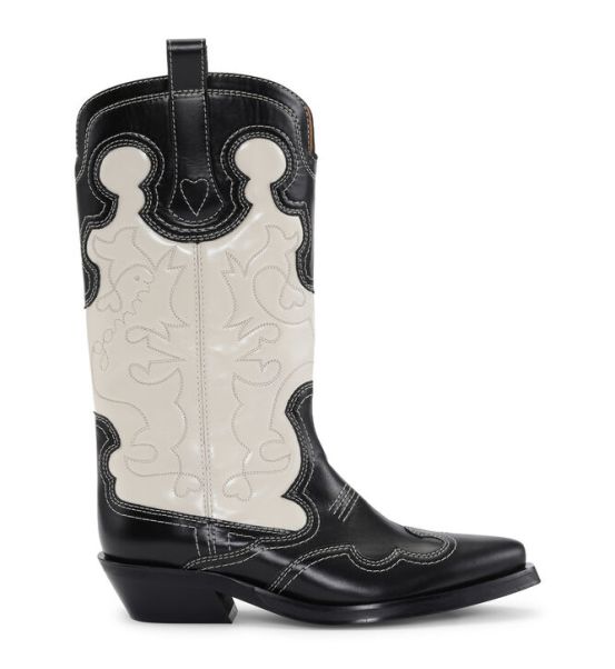 Black/White Mid Shaft Embroidered Western Boots Boots Ganni Women
