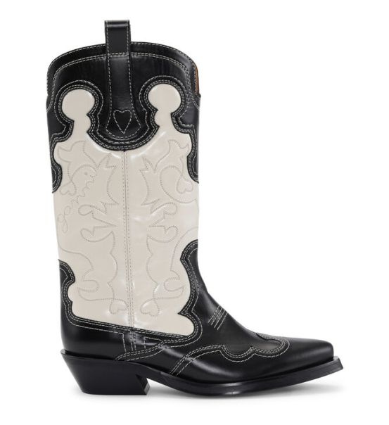 Ganni Western Boots Women Monochrome Mid Shaft Embroidered Western Boots