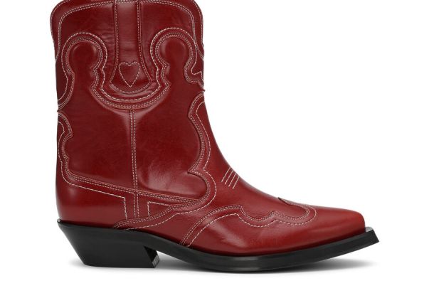 Ganni Red Low Shaft Embroidered Western Boots Western Boots Women