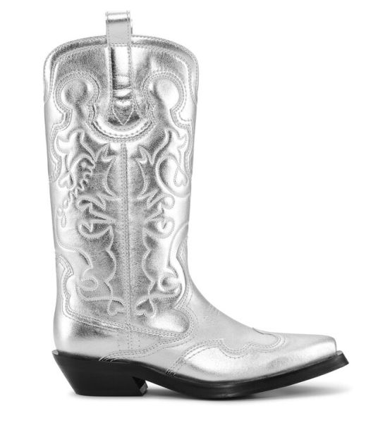 Ganni Women Western Boots Silver Mid Shaft Embroidered Western Boots