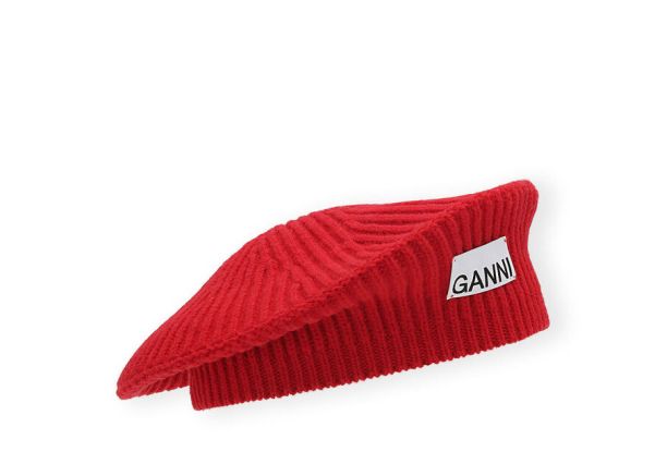 Ganni Women Hats Red Wool Rib Knit Beret