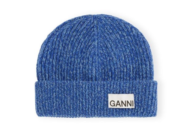 Ganni Women Hats Blue Fitted Wool Rib Knit Beanie