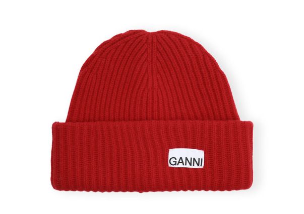 Hats Ganni Red Loose Wool Rib Knit Beanie Women