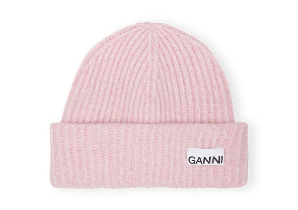 Light Pink Fitted Rib Knit Wool Beanie Ganni Women Hats