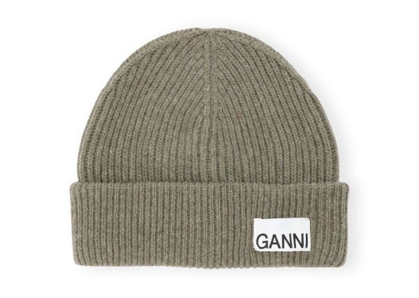 Ganni Women Hats Green Fitted Wool Rib Knit Beanie