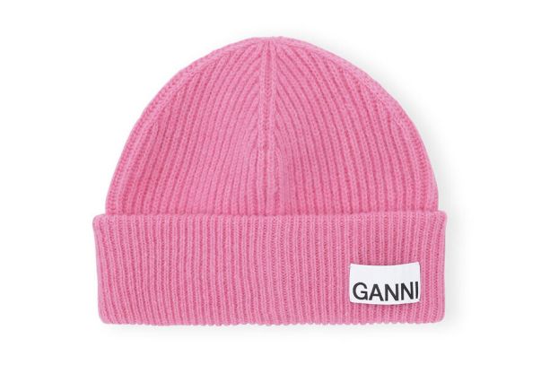 Hats Ganni Pink Fitted Rib Knit Wool Beanie Women